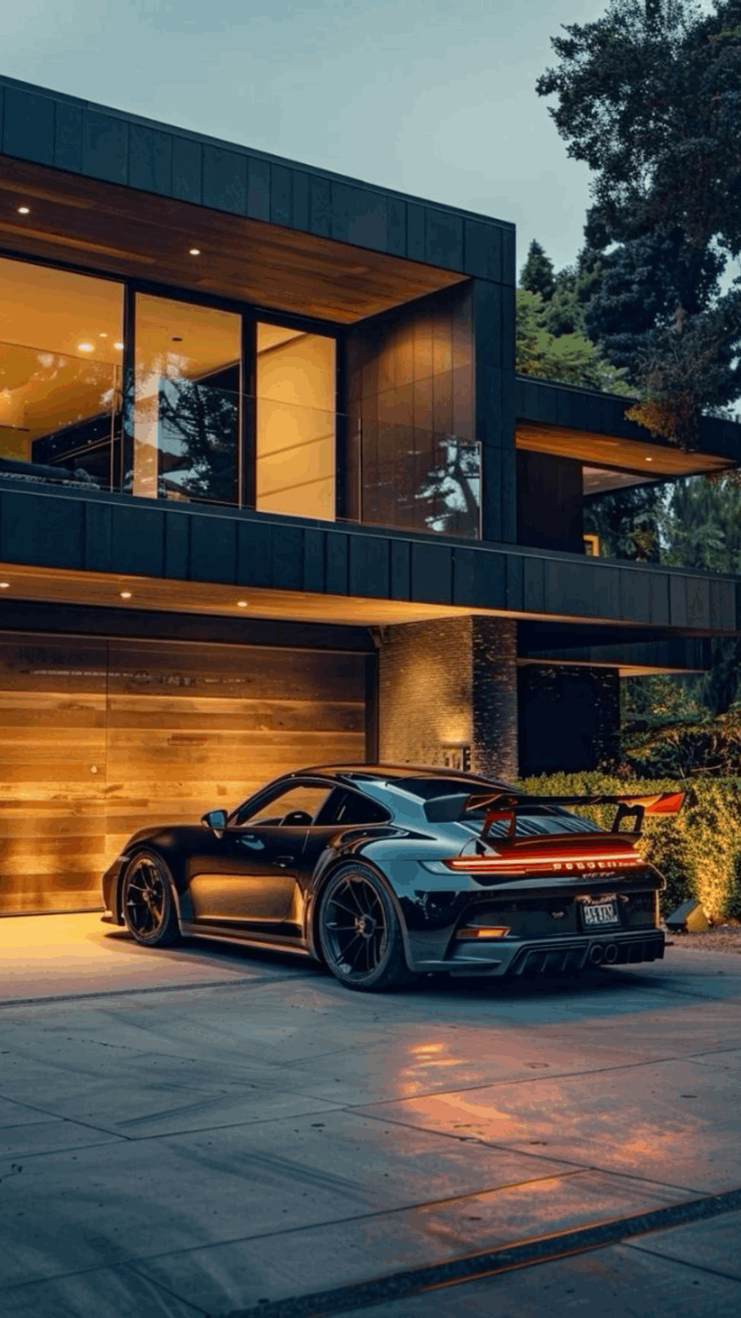 Sports car outside a modern home